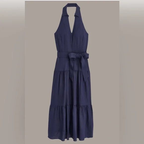 Donna Karan Blue Halter Tiered Midi Dress Linen Blend Medium size 8 NWT